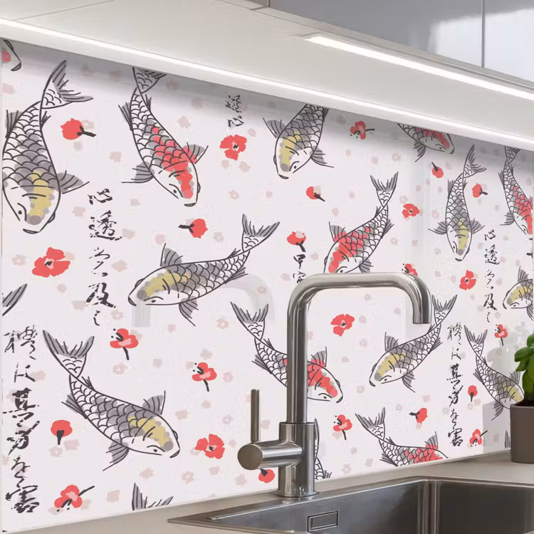 Crédence cuisine - Poissons - Koi - Fleurs - Motifs — 1