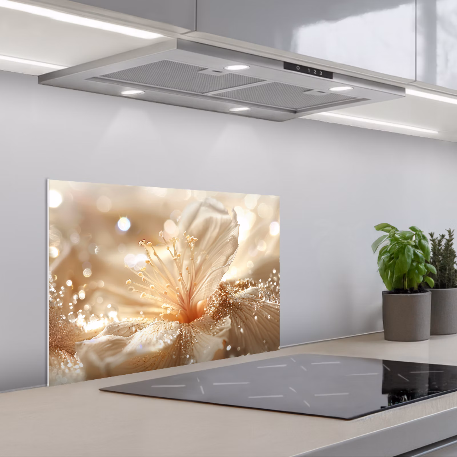 Fond de hotte - Fleur - Blanc - Paillettes - Or - Moderne — 1