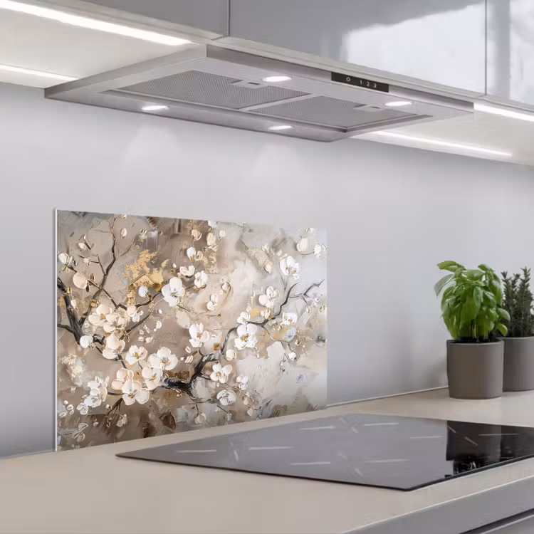 Fond de hotte - Fleurs - Blanc - Or - Beige - Luxe — 1