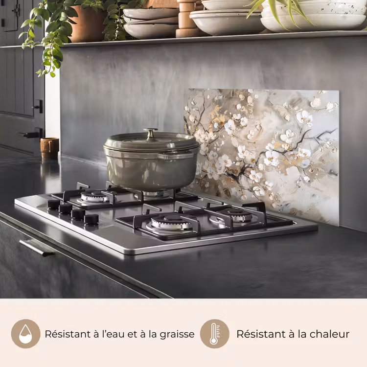 Fond de hotte - Fleurs - Blanc - Or - Beige - Luxe — 2