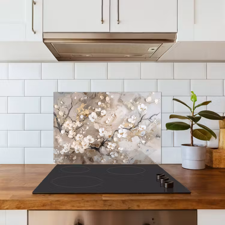 Fond de hotte - Fleurs - Blanc - Or - Beige - Luxe — 3