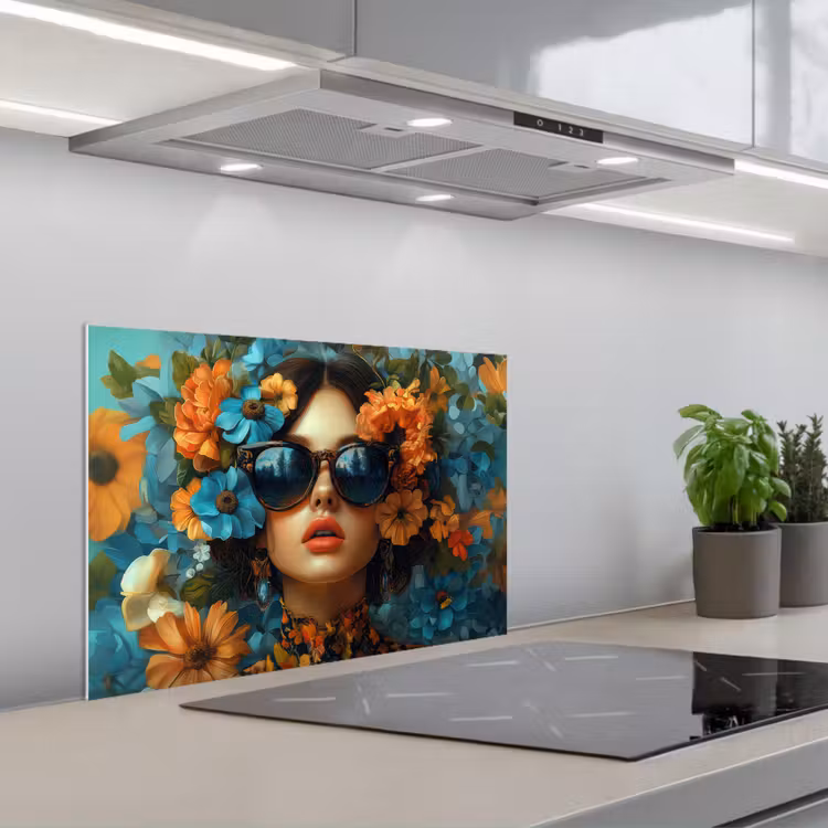Fond de hotte - Femme - Fleurs - Orange - Bleu - Moderne — 1