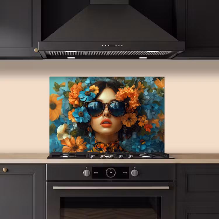 Fond de hotte - Femme - Fleurs - Orange - Bleu - Moderne — 5
