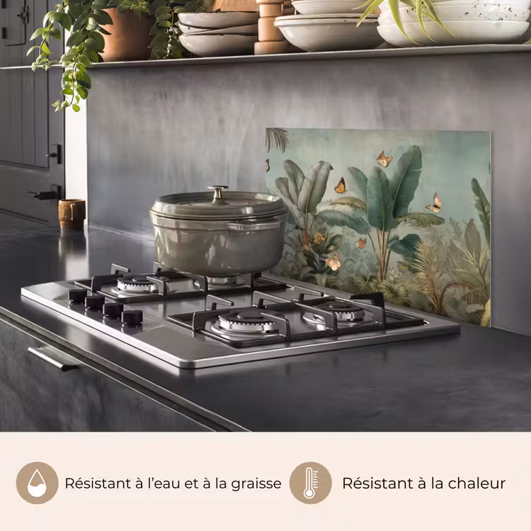 Fond de hotte - Feuillage tropical - Papillons - vert - Marron — 2