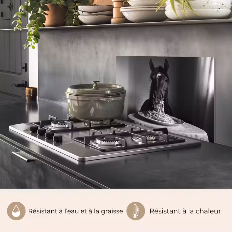 Fond de hotte - Cheval - Assiette - Pâtes - Nappe - Noir et blanc - Animaux — 2