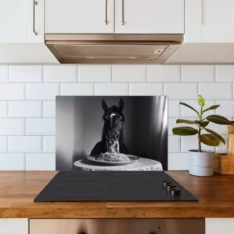 Fond de hotte - Cheval - Assiette - Pâtes - Nappe - Noir et blanc - Animaux — 3