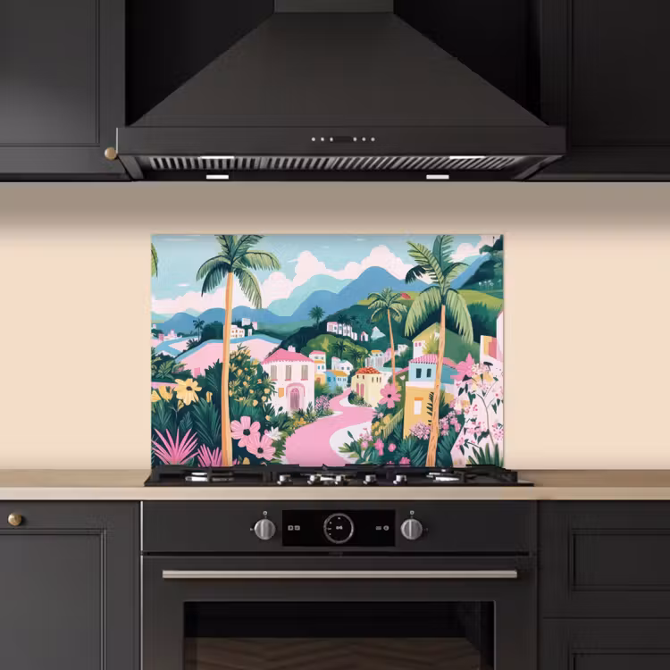 Fond de hotte - Coloré - Maisons - Collines - Rose — 5