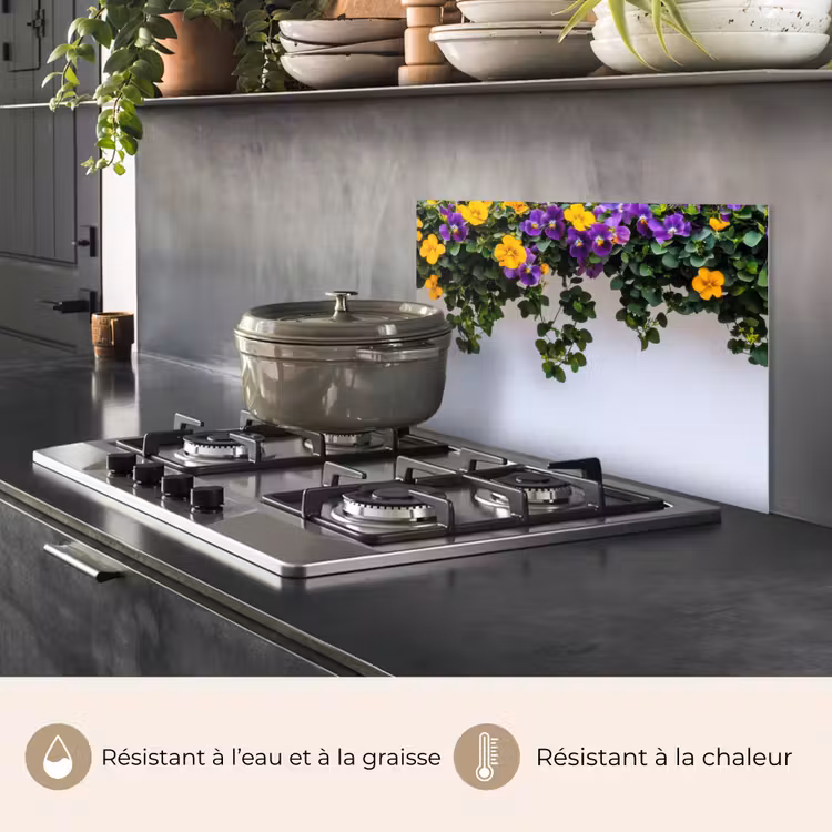 Fond de hotte - Fleurs - Mur - Jaune - Violet — 2