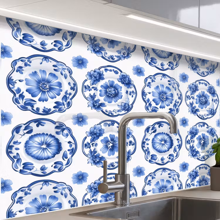Crédence cuisine - Assiettes décoratives - Fleurs - Bleu — 1