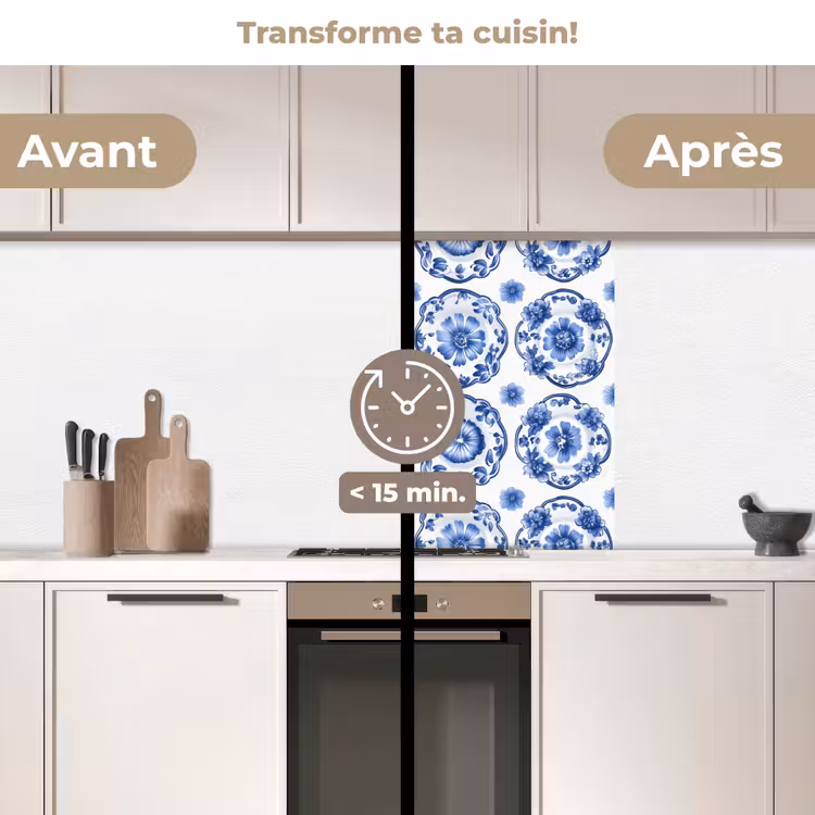 Crédence cuisine - Assiettes décoratives - Fleurs - Bleu — 2