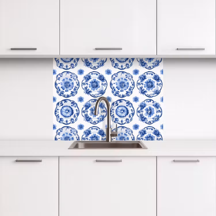 Crédence cuisine - Assiettes décoratives - Fleurs - Bleu — 3