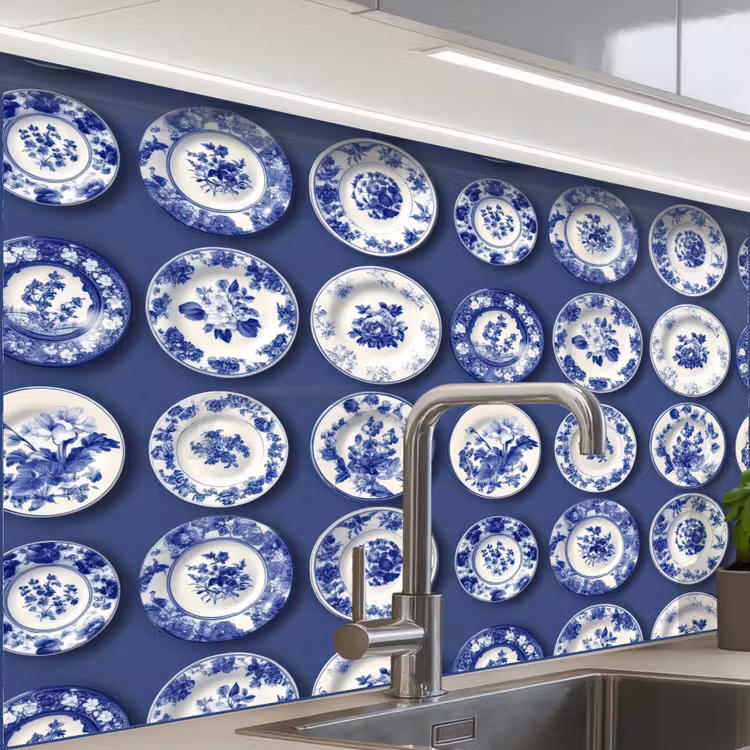 Crédence cuisine - Assiettes - Floral - Bleu — 1