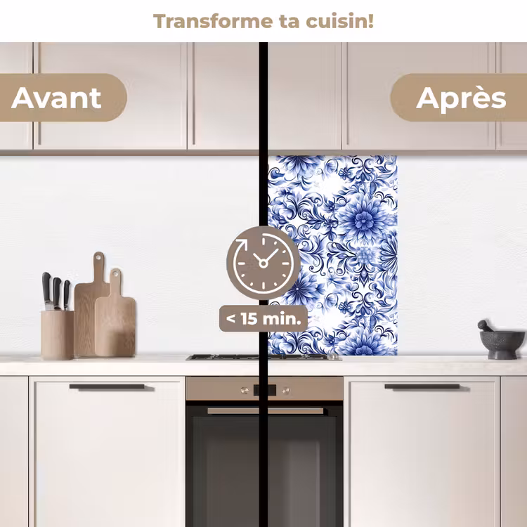 Crédence cuisine - Fleurs - Bleu - Motif - Blanc — 2