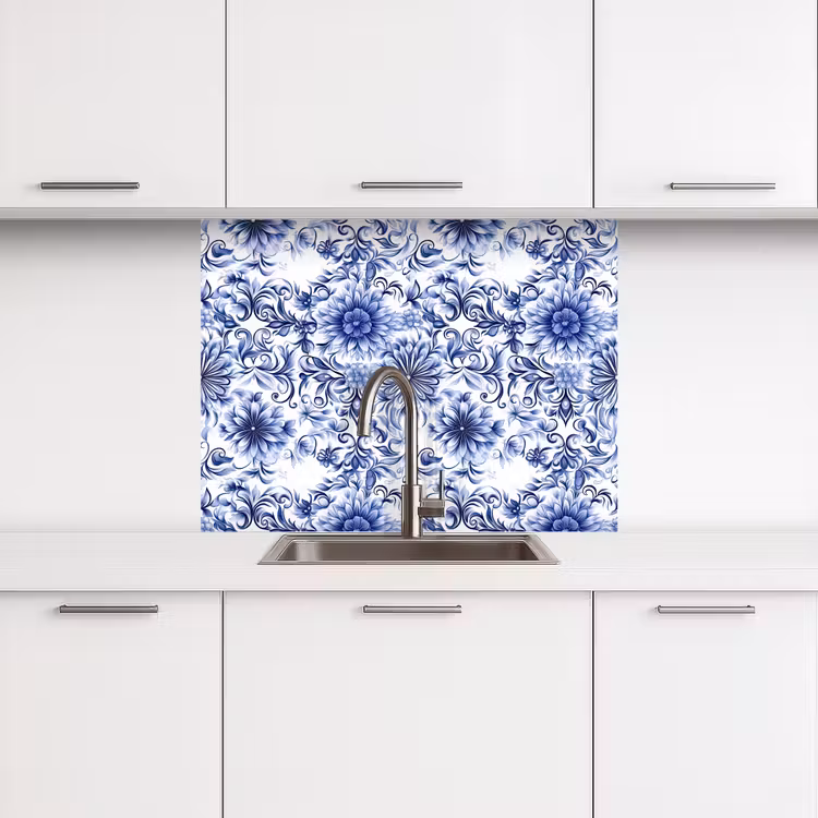 Crédence cuisine - Fleurs - Bleu - Motif - Blanc — 3