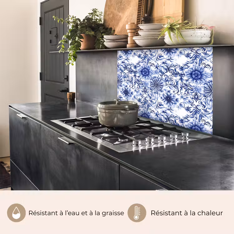 Crédence cuisine - Fleurs - Bleu - Motif - Blanc — 4