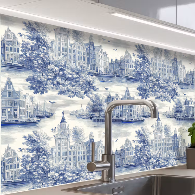 Crédence cuisine - Maisons - Arbres - Eau - Oiseaux - Bleu — 1