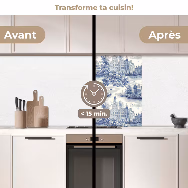 Crédence cuisine - Maisons - Arbres - Eau - Oiseaux - Bleu — 2