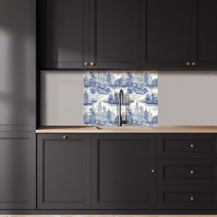 Crédence cuisine - Maisons - Arbres - Eau - Oiseaux - Bleu — 5