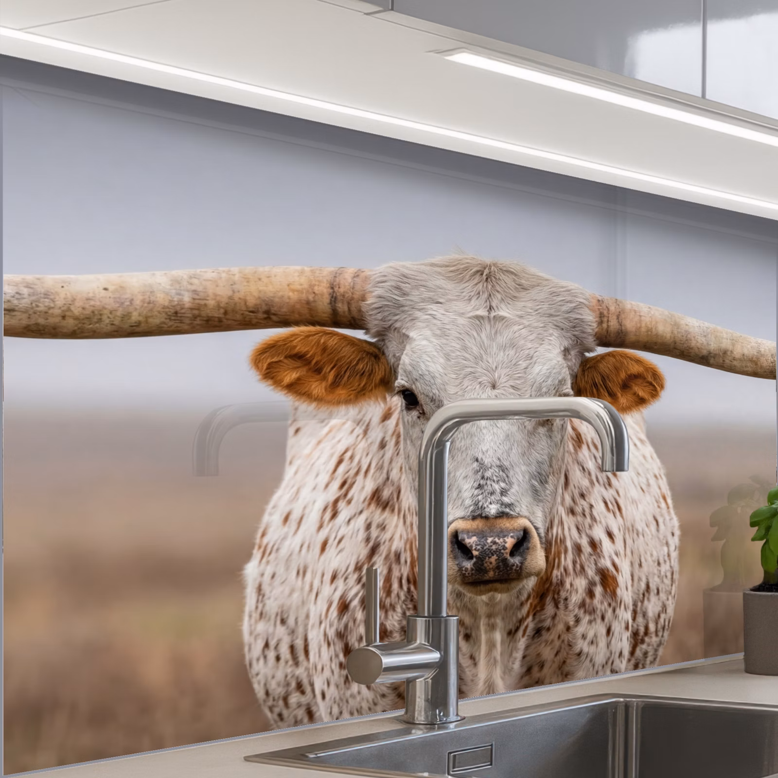 Crédence cuisine - Longhorn - Champ d'herbe - Animal — 1