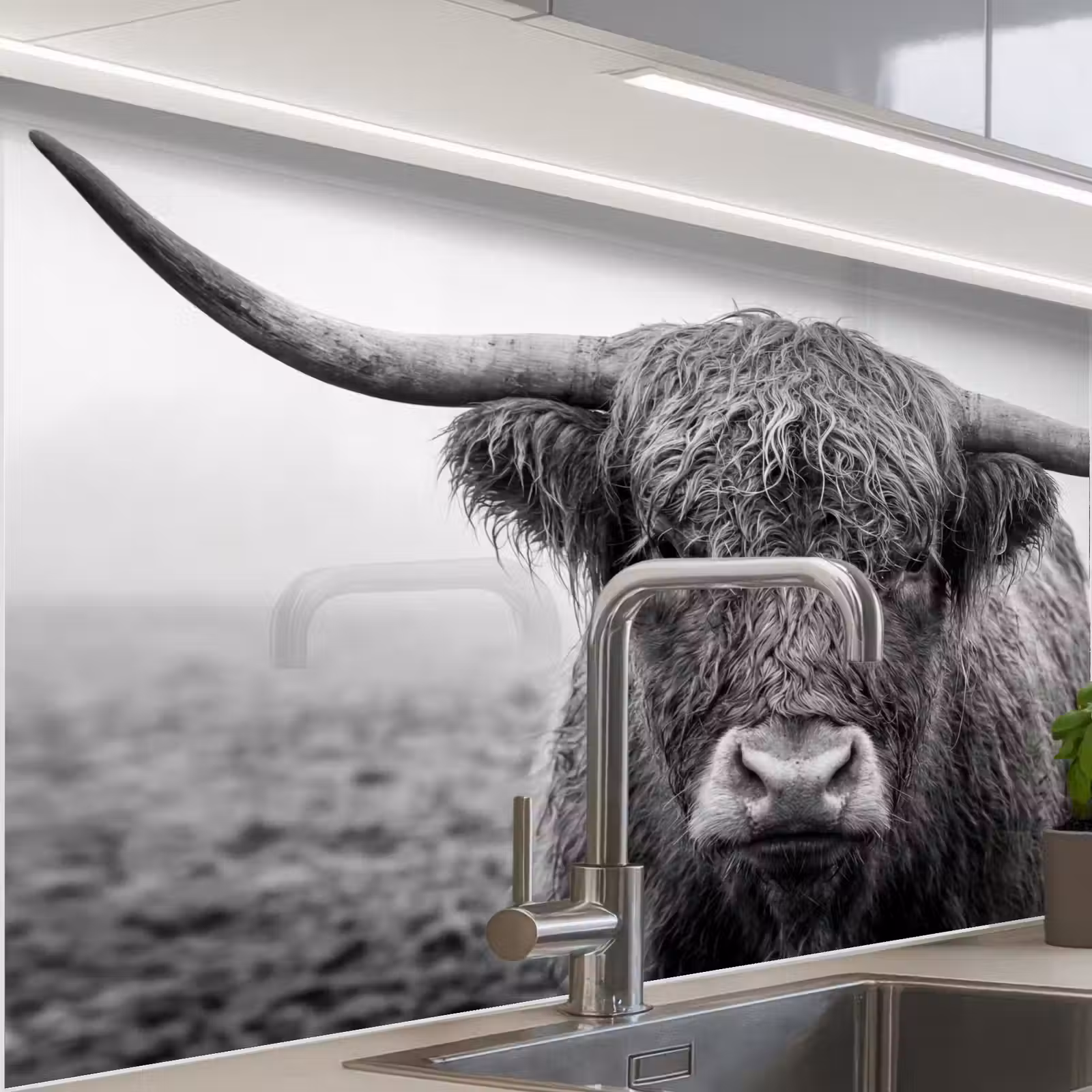 Crédence cuisine - Highlander écossais - Noir - Blanc - Herbe — 1