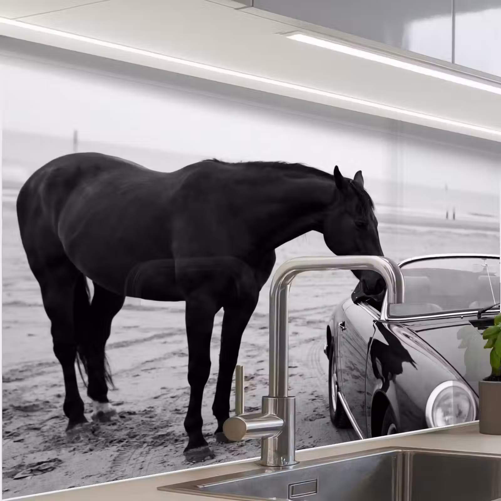 Crédence cuisine - Cheval - Voiture - Noir - Blanc — 1