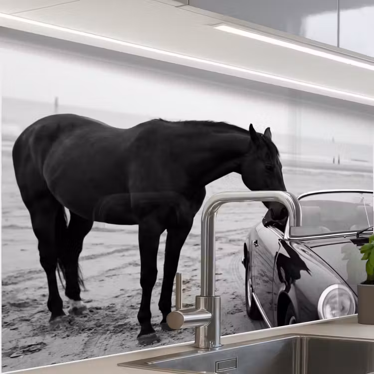 Crédence cuisine - Cheval - Voiture - Noir - Blanc — 1