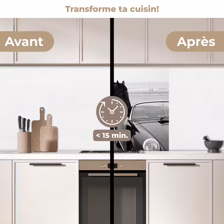 Crédence cuisine - Cheval - Voiture - Noir - Blanc — 2