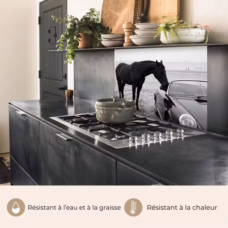 Crédence cuisine - Cheval - Voiture - Noir - Blanc — 4