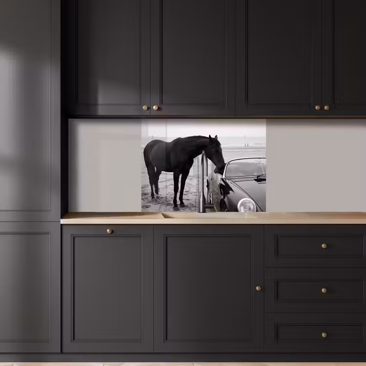 Crédence cuisine - Cheval - Voiture - Noir - Blanc — 5