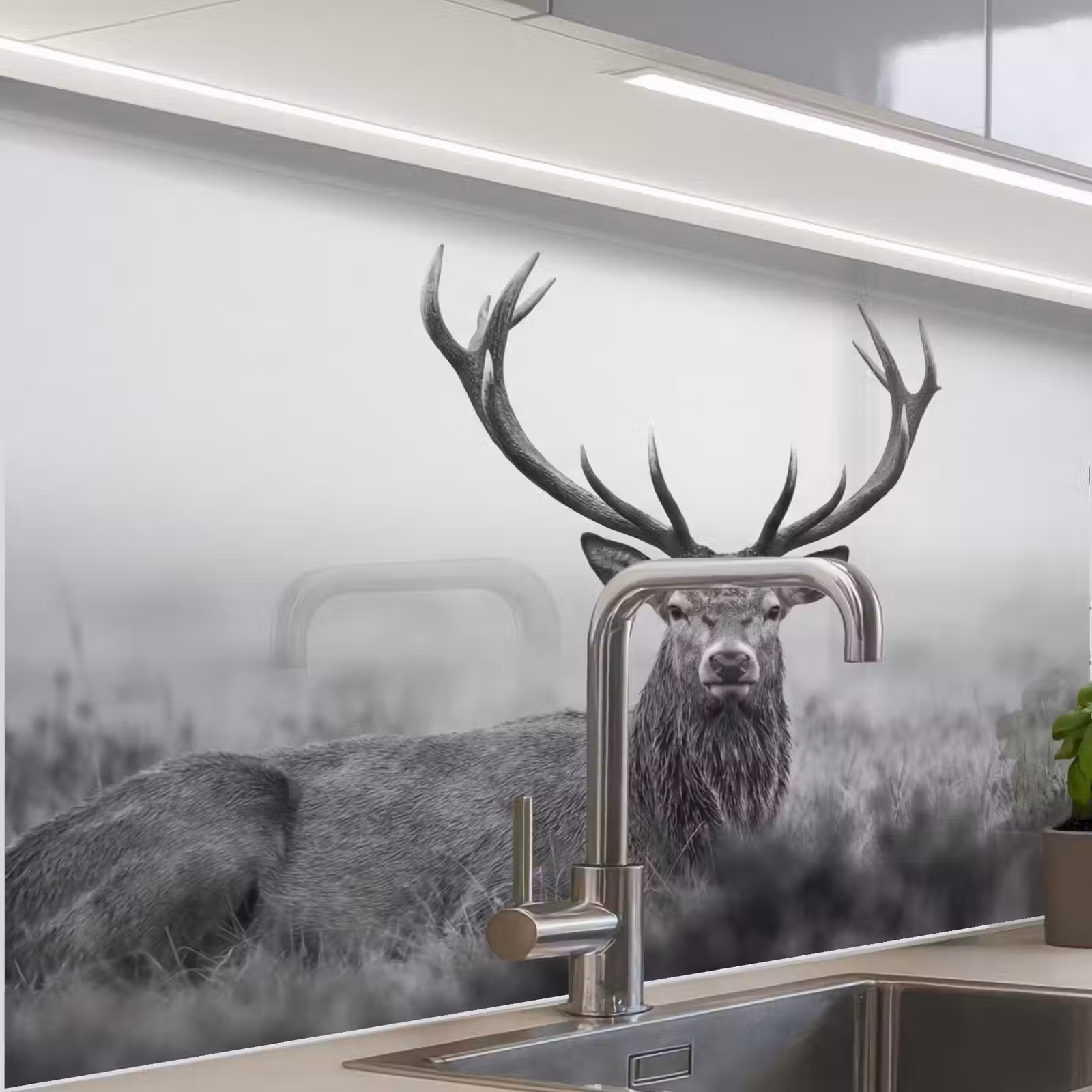 Crédence cuisine - Cerf - Brumeux - Noir - Blanc — 1