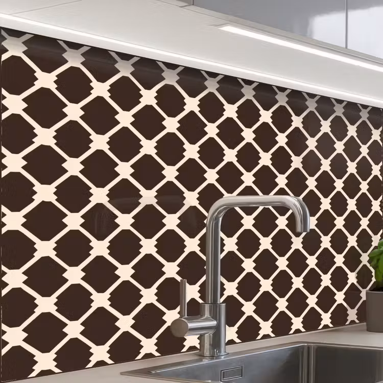 Crédence cuisine - Marron - Motif à carreaux - Géométrique — 1