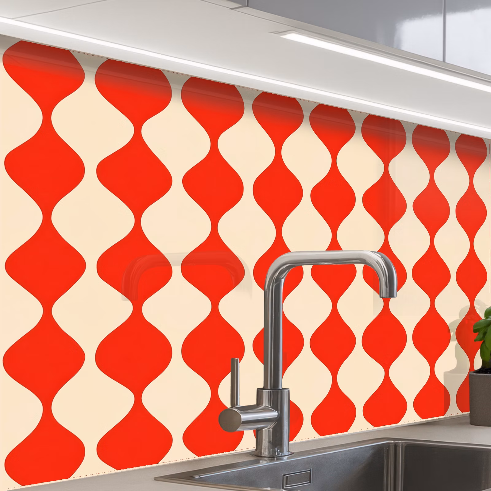 Crédence cuisine - Motif ondulé - Rétro - Rouge - Beige — 1