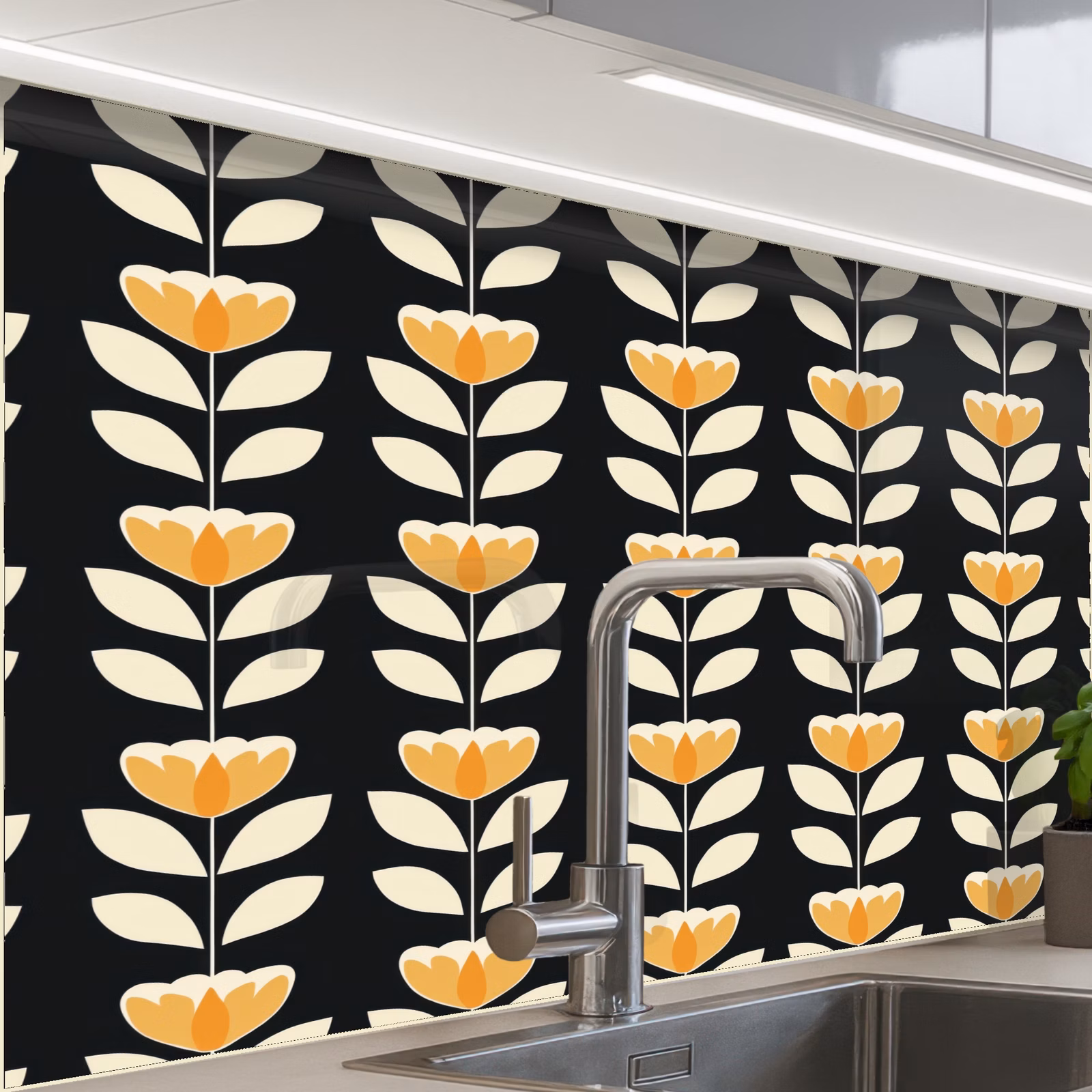 Crédence cuisine - Retro - Fleur - Noir - Jaune ocre — 1