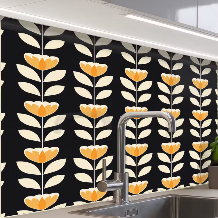 Crédence cuisine - Retro - Fleur - Noir - Jaune ocre — 1