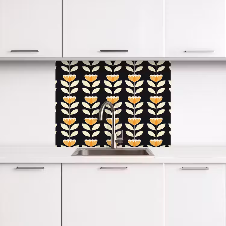 Crédence cuisine - Retro - Fleur - Noir - Jaune ocre — 3