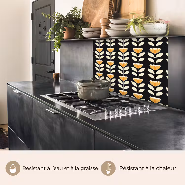 Crédence cuisine - Retro - Fleur - Noir - Jaune ocre — 4