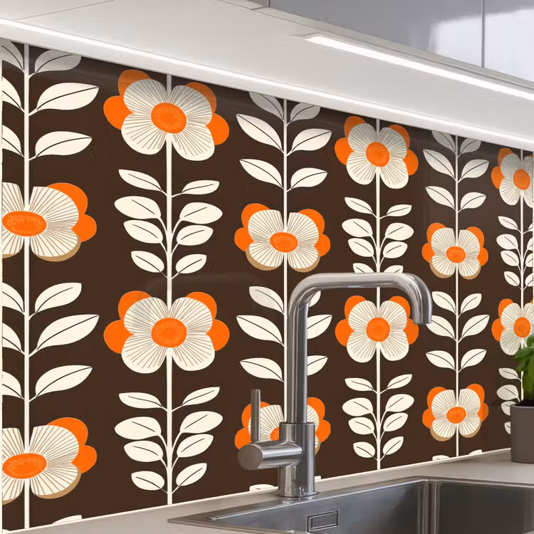Crédence cuisine - Fleurs - Rétro - Marron — 1