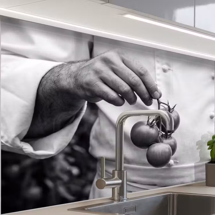 Crédence cuisine - Tomates - Chef - Noir - Blanc — 1