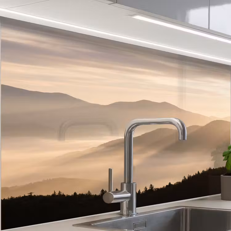 Crédence cuisine - Montagnes - Brouillard - Rayons de soleil — 1
