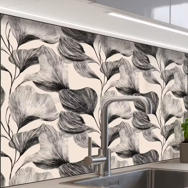 Crédence cuisine - Botanique - Feuilles - Noir — 1
