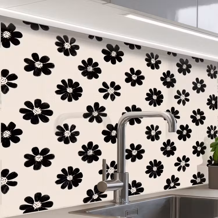 Crédence cuisine - Graphique - Marguerites - Noir - Beige — 1