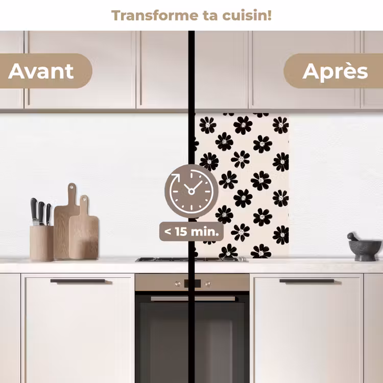 Crédence cuisine - Graphique - Marguerites - Noir - Beige — 2
