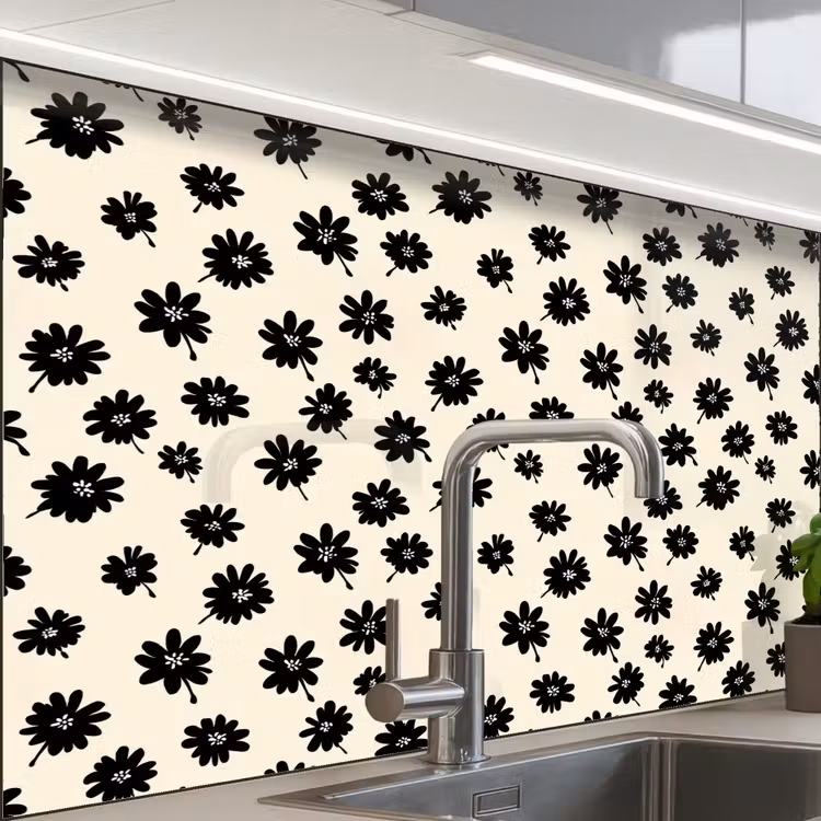 Crédence cuisine - Marguerites - Graphique - Noir - Beige — 1