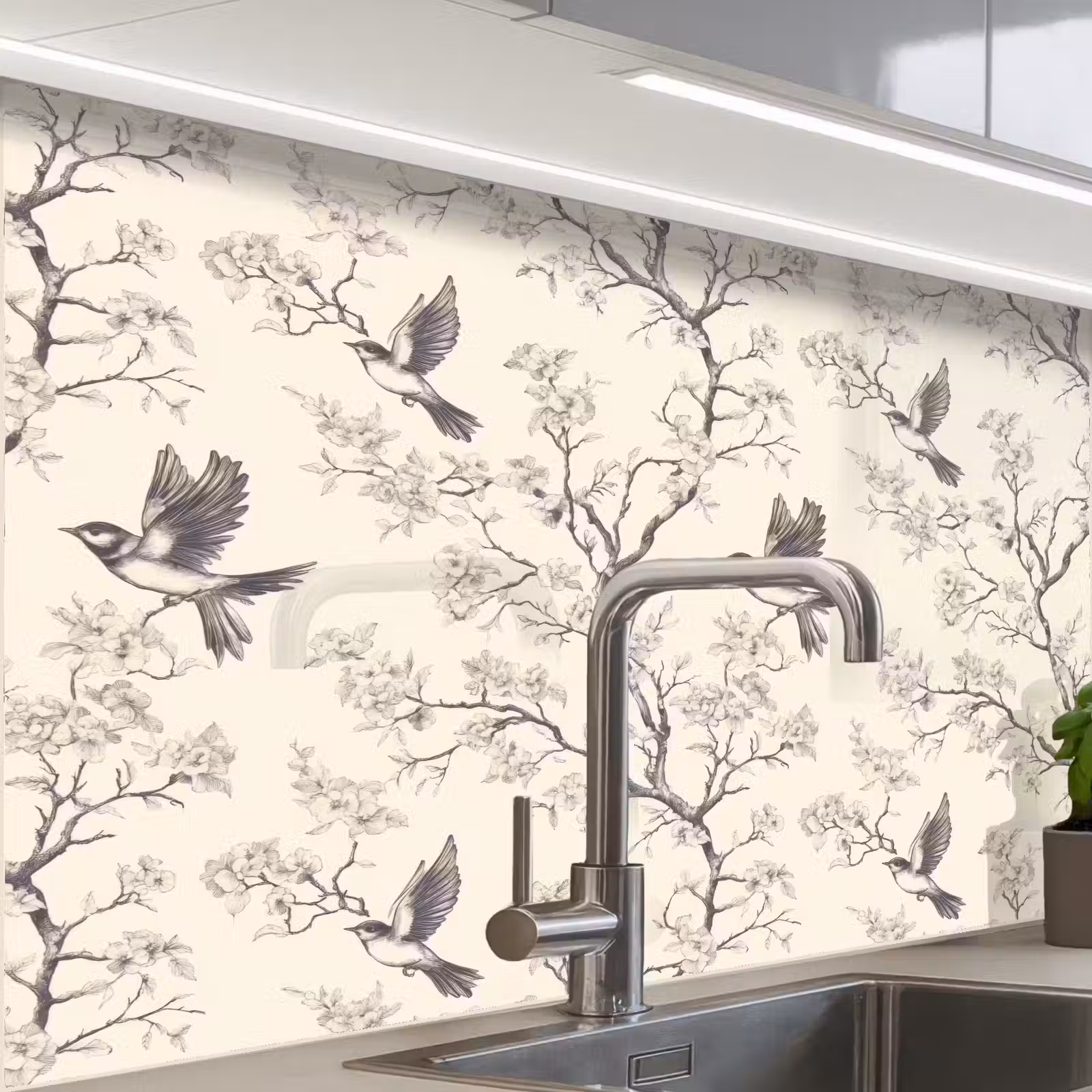 Crédence cuisine - Branches - Oiseaux - Beige — 1