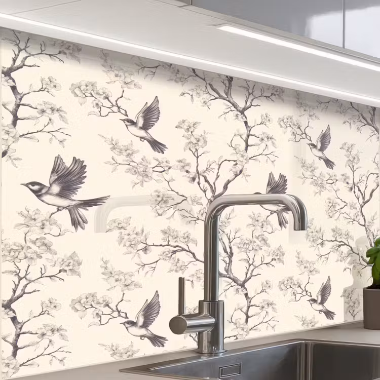 Crédence cuisine - Branches - Oiseaux - Beige — 1