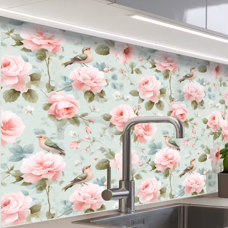 Crédence cuisine - Roses - Oiseaux - Pastel - Coloré — 1