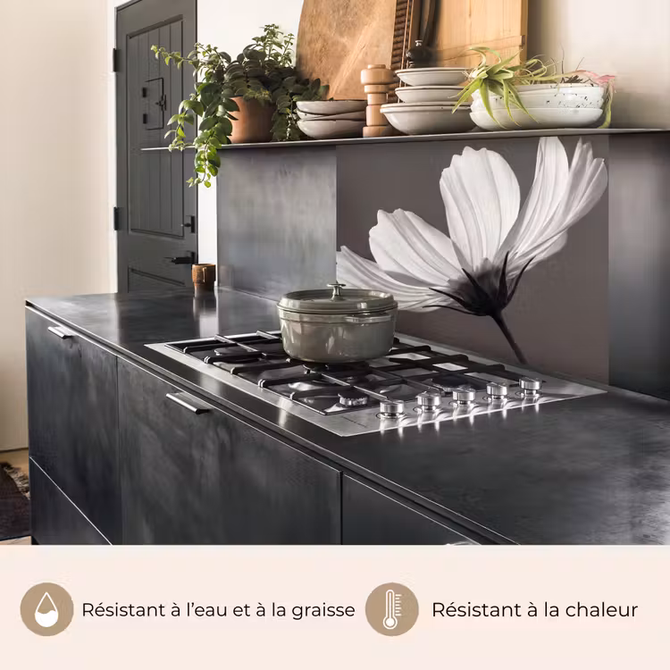 Crédence cuisine - Fleur - Minimaliste - Noir - Blanc — 4
