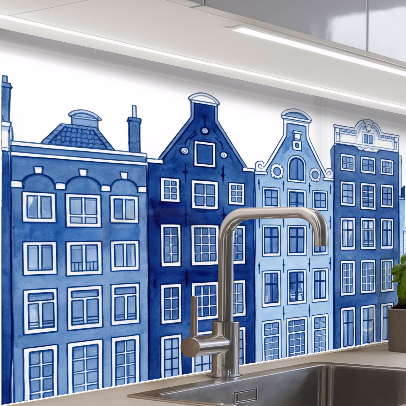 Crédence cuisine - Aquarelle - Maisons sur le canal - Delftware — 1