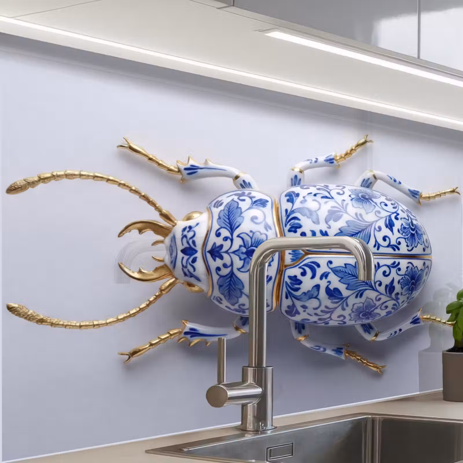 Crédence cuisine - Coccinelle - Delfts - Bleu - Or — 1