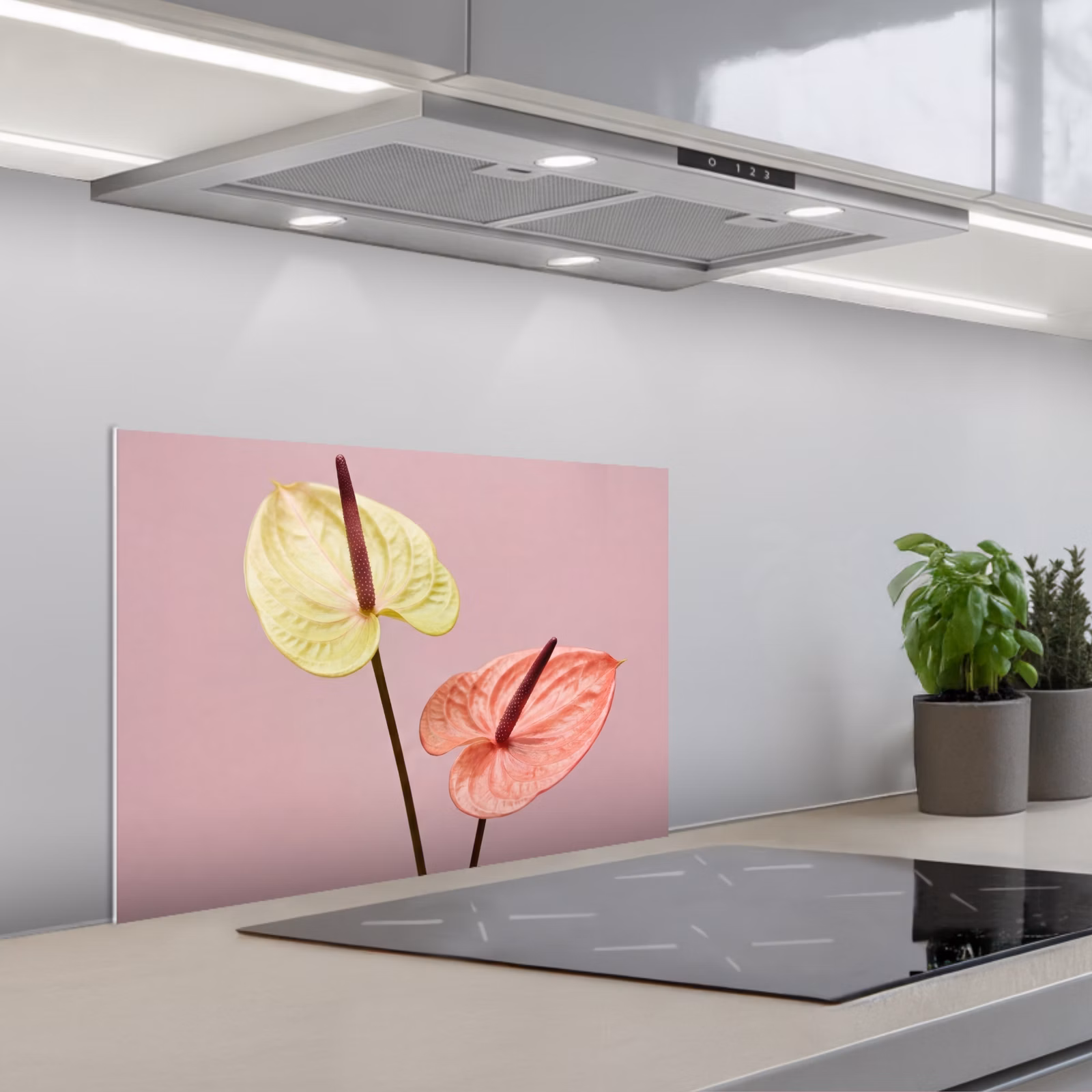 Fond de hotte - Fleurs - Anthuriums - Jaune - Rose — 1